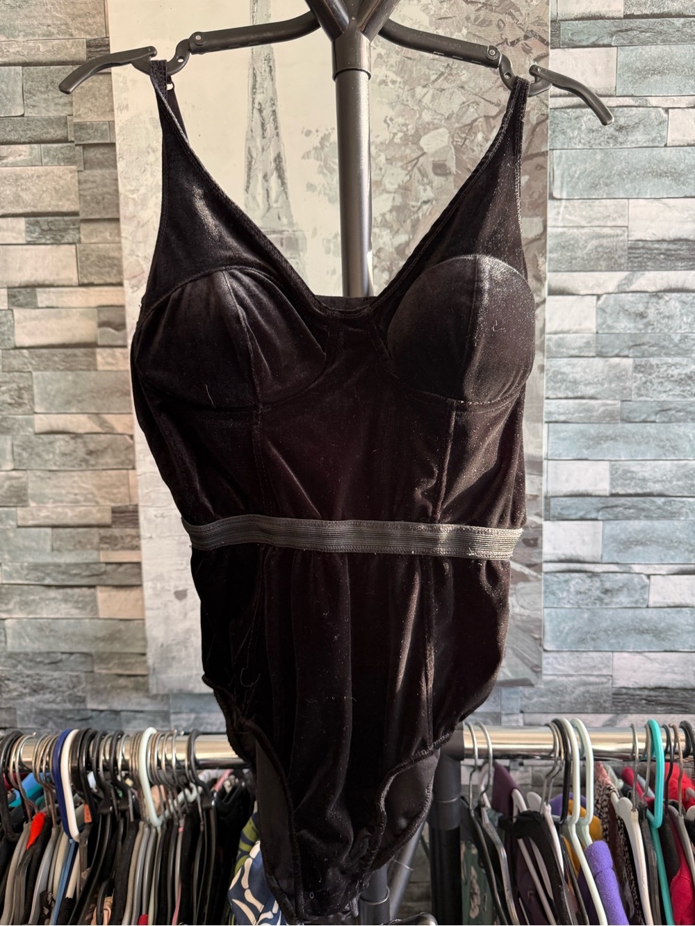 Black Velvet Bodysuit with Built-In Cups